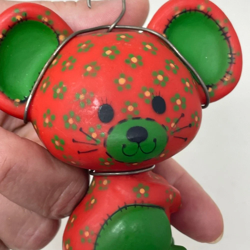 Vintage Mouse Christmas Ornament Red Green Floral Pattern Retro Whimsical Decor